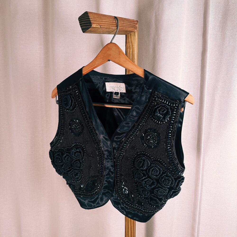 Cache Black Embroidered & Beaded Satin Cropped Vest
